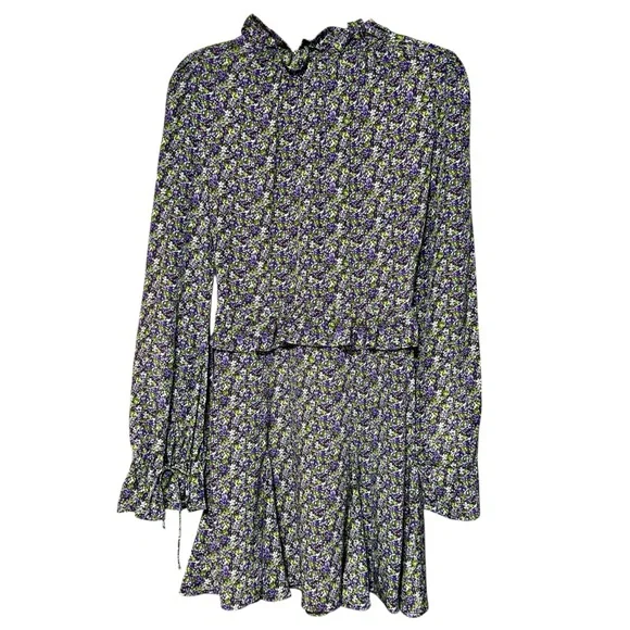 Les Reveries Ruffle Picnic Mini Floral 100% Silk Dress in Ditsy Purple Pansies - Picture 7 of 12